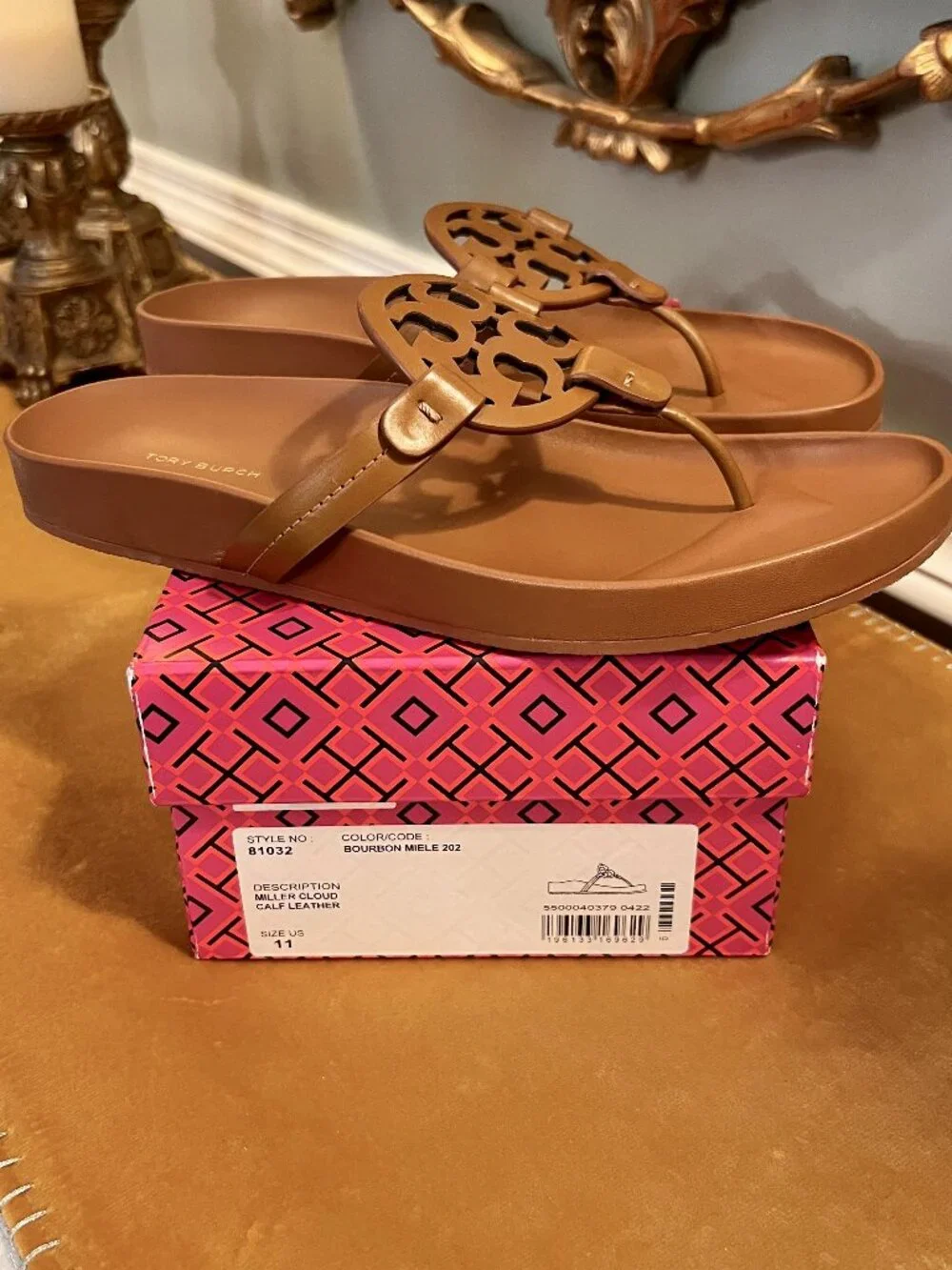 NIB Tory Burch Miller Cloud Thong Sandals Shoes in Bourbon Miele Honey Brown 11